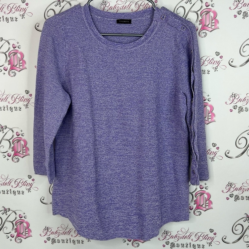 Talbots Lavender Knit Top with Shoulder Buttons heathered purple white fabric
